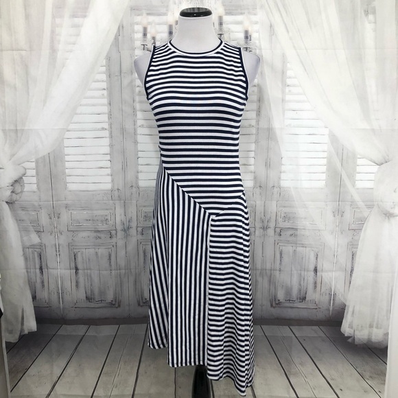 Michael Kors Small Dress Blue White Striped Asymmetrical Stretch Sleeveless NEW - Picture 1 of 8